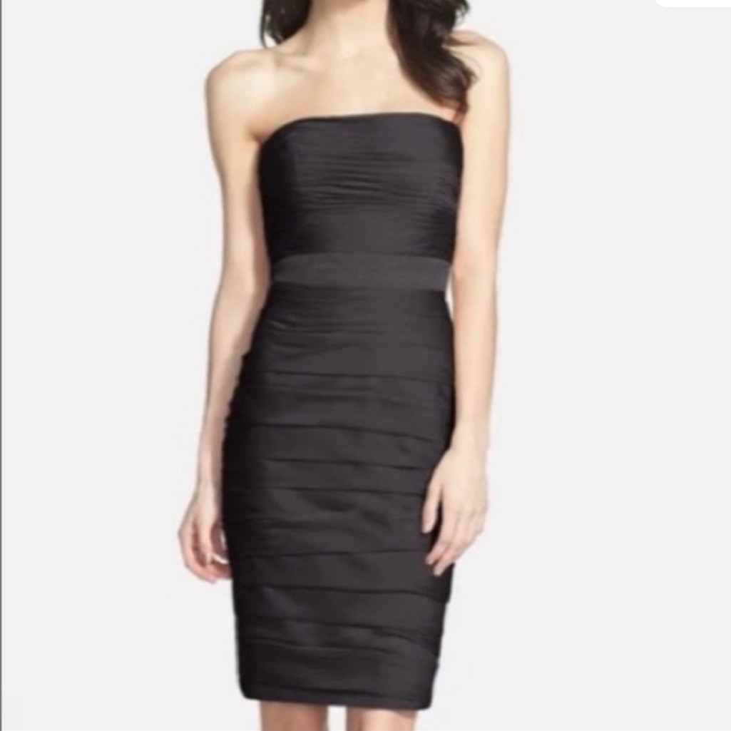 Monique Lhuillier Bridesmaids Black Dress Sz 10 Strapless Chiffon Ruched Formal